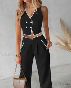 Lasaky - Ensemble: Vest Top with Contrast Binding & Coordinating Straight Leg Pants Dressy Casual Outfits, Stylish Fall Outfits, Double Denim, Classy Work Outfits, Weekend Outfit, Baddie Outfits Casual, Really Cute Outfits, Girls Fashion Clothes, Vest Top