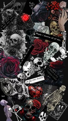 a collage of skulls and roses on a black background