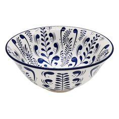 a bowl with blue and white designs on it