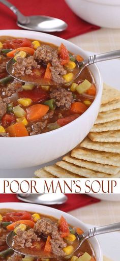 a white bowl filled with vegetable beef soup and crackers next to a red napkin