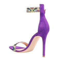 null Purple Sandals With 4-inch Heel And Ankle Strap, Purple Ankle Strap Sandals With 4-inch Heel, Purple High Heel Sandals With Sculpted Heel, Purple Sandals With Sculpted Heel, Purple Open Toe Heels With Sculpted Heel, Purple Open Heel Shoes With Heel Loop, Purple Sandals With Sculpted Heel For Summer, Summer Purple Sandals With Sculpted Heel, Purple Open Heel Sandals With Heel Loop