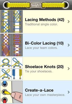 Ian's Shoelace Site:  Learn 37 different ways to lace shoes, 18 different ways to tie shoelace knots & many other tips. iPhone/iPad app as well. Click on picture to go to Ian's site. Shoe Lace Patterns 2 Laces, How To Tie Shoelaces, Cool Ways To Tie Shoes Lace, Different Ways To Lace Shoes, Shoelace Knots, Shoe Lace Hacks, Lacing Techniques, Ways To Tie Shoelaces