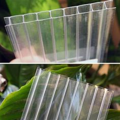 two pictures of clear plastic vases sitting on top of each other in front of green plants