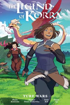 the legend of korra book cover with an image of two women and a dragon