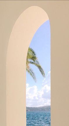 an open doorway leading to the ocean with a palm tree in the foreground and blue sky above