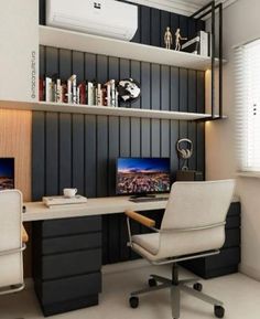 a desk with a computer on it in front of a book shelf filled with books