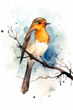 a watercolor painting of a bird sitting on a branch