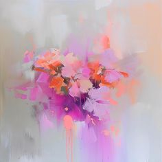 an abstract painting of pink and orange flowers