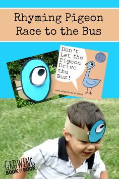 a young boy wearing a blindfold with the words rhyming pigeon race to the bus