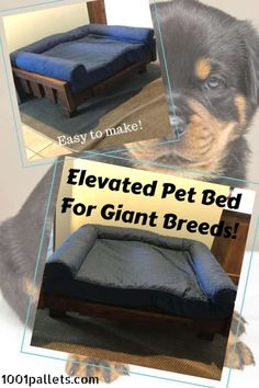 an image of a dog bed made out of wooden pallets and mattresses with text overlay that says elevated pet bed for giant breeds