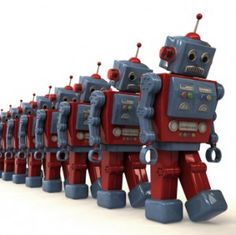 a row of red and blue robots standing next to each other