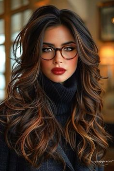 Fall Hair Color For 50 Year Old Women, Hair Colors For Brunettes Fall, Hair Cuts 2024 Long Hair, Dramatic Hairstyles, Woman With Long Hair, Rambut Brunette, Brunette Hair With Highlights, Hair Color And Cut, Wearing Glasses