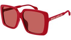 Gucci sunglasses model GG0567SAN Seasonal Icon eyewear collection rectangle acetate frame featuring shiny solid scarlet red frame and red lens. Luxury Red Sunglasses With Gradient Lenses, Luxury Red Polarized Sunglasses, Designer Red Tinted Sunglasses, Luxury Red Tinted Sunglasses, Modern Red Sunglasses With Gradient Lenses, Red Sunglasses With Gradient Lenses Modern Style, Luxury Red Square Frame Sunglasses, Red Square Frame Sunglasses With Polarized Lenses, Red Square Frame Sunglasses With Uv Protection