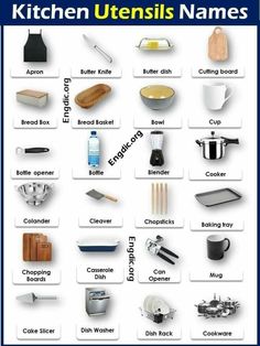 the kitchen utensils names are shown in blue and white, with different types of utensils