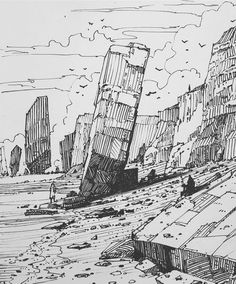 an ink drawing of a city with tall buildings