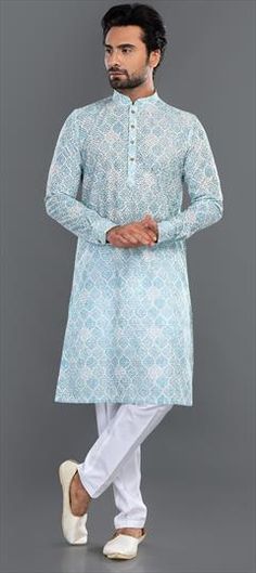 Blue, White and Off White color Kurta Pyjamas in Cotton fabric with Embroidered, Thread work Blue Cotton Kurta For Wedding, Blue Cotton Wedding Kurta, Light Blue Cotton Kurta For Wedding, Festive Light Blue Embroidered Kurta, Light Blue Embroidered Long Sleeve Kurta, White Jamawar Straight Kurta, Embroidered Light Blue Long Sleeve Kurta, Powder Blue Kurta For Men, Engagement Reception