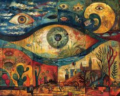 an artistic painting with many different colors and shapes, including the eye in the center