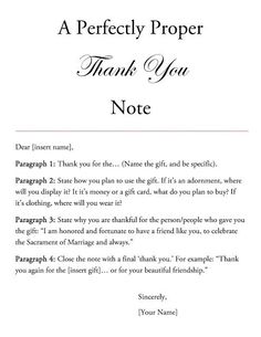 a thank note for someone to write on their wedding day or special occasion, with the words'a perfectly proper thank you note'written in black ink