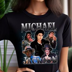 the michael jackson movie poster on a woman's black t - shirt is shown