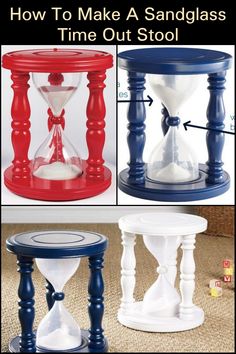 three different sand timers with the words how to make a sandglass time out stool