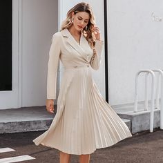 Women Vintage Pleated Belt Plaid Long Sleeve Dress Long Sleeve Midi Party Dress, Plaid Dress Vintage, Streetwear Dress, Midi Party Dress, Wrap Dress Short, Elegant Blazers, Dress Office, Office Dresses For Women, Mid Calf Dresses