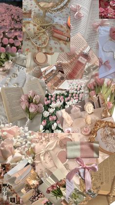 a collage of pink and white flowers, pearls, books, and other items