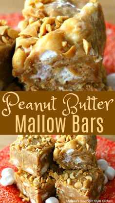 peanut butter mallow bars stacked on top of each other with marshmallows