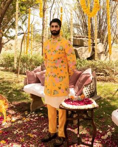 *3 Piece Mustard :- Kurta , pant and Indow jacket  *Fabric: %100  silk , cotton , Thick, Warm, Comfortable, Breathable, Softer, Satin Feeling *Center 6  Button jacket, With Zipper Fly Pants Note: Product colour may vary slightly due to photographic lighting sources. *This Suit Has A 6" Drop Which Is The Difference Between The Size Of The Sherwani & Pants. For Example, A 40r Jacket Includes A 34W Pant *Dry Clean Only Important Note: All Our Products Are Made To Order! Please Contact Us For the Pe Spring Cotton Long Sleeve Sherwani, Cotton Bandhgala For Spring Wedding, Spring Wedding Cotton Bandhgala, Spring Wedding Cotton Sherwani, Spring Cotton Sherwani With Chikankari Embroidery, Spring Cotton Sherwani With Resham Embroidery, Spring Cotton Bandhgala With Resham Embroidery, Yellow Fitted Cotton Sherwani, Spring Festive Cotton Bandhgala