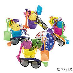 a group of children's beach toys with sunglasses and hats