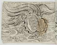 an ink drawing of a turtle swimming in the ocean with waves coming up behind it