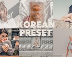 the korean preset is being displayed in several different pictures, including one woman holding a donut