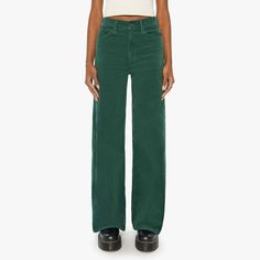 The Ditcher Roller Zip Sneak Pants in Dark Green from MOTHER. These 70s-inspired wide-leg jeans feature a zip fly, low-set back pockets, high-rise with a slightly dropped crotch and a slouchier fit designed to sit on the hips and a 32-inch inseam. The pants are made from dark green corduroy with tonal hardware Dark Green Pants Women, Womens Green Corduroy Pants, Green Full-length Corduroy Bottoms, Green Wide-leg Nylon Bottoms, Green Non-stretch Denim Pants, Green Corduroy, Mother Jeans, 70s Inspired, Wide Leg Jeans