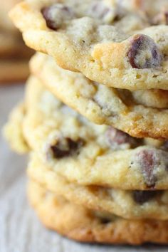 chocolate chip cookies stacked on top of each other