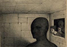 a drawing of a man's head looking out the window with another person in the background