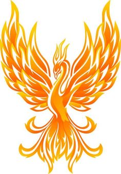 an orange and yellow bird with flames on it's wings, in the shape of a