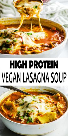 two bowls of high protein vegan lasagna soup with cheese being lifted from the bowl