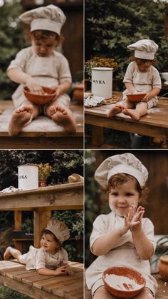 a collage of photos shows a little boy in chef's hat sitting on a table