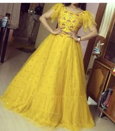 Yellow Long Frocks For Haldi, Yellow Frocks For Women Haldi, Haldi Frock Design, Haldi Dress For Kids, Hands Models For Long Frocks, Langa Jacket Models, New Long Frock Models, Yellow Organza Dress, Maternity Frocks