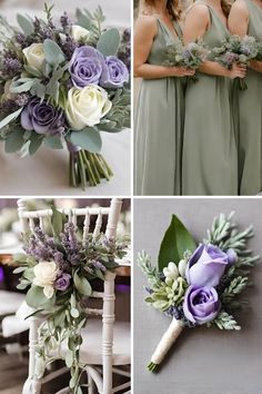 wedding bouquets and bridesmaid's dresses are arranged in four different pictures