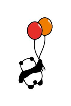 a panda holding two balloons in the air