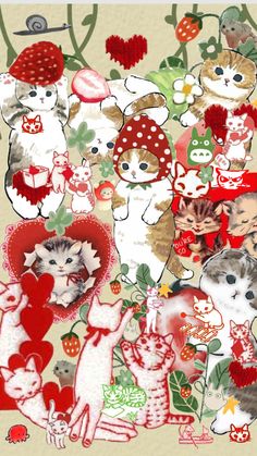 a collage of cats with hearts and flowers