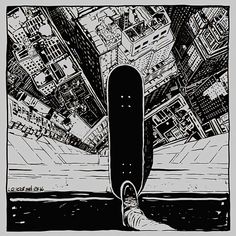 a black and white drawing of a skateboard in front of a cityscape