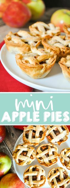 mini apple pies on a plate with apples in the background and text overlay that reads mini apple pies