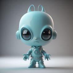 a little blue alien with big eyes and ears standing on a white surface in front of a gray background