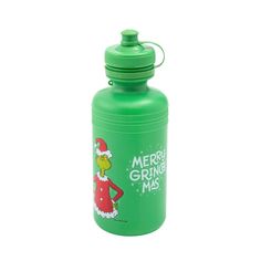 a green water bottle with the words merry grinin's mrs on it and a santa