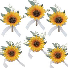 six sunflower bouquets with white ribbons and greenery are arranged on a white background