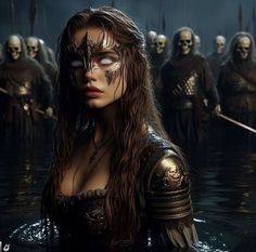 a woman in a body of water surrounded by skulls and other demonic looking people wearing armor