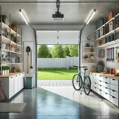 a bike is parked in front of the open garage door that leads to an outside yard