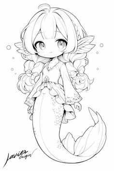 a drawing of a little mermaid with her tail curled up, sitting on top of a fish