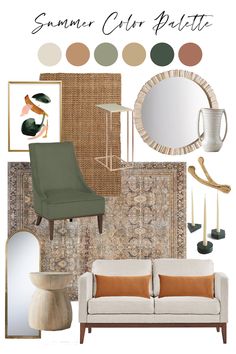 a living room with furniture and decor in shades of brown, green, beige and white